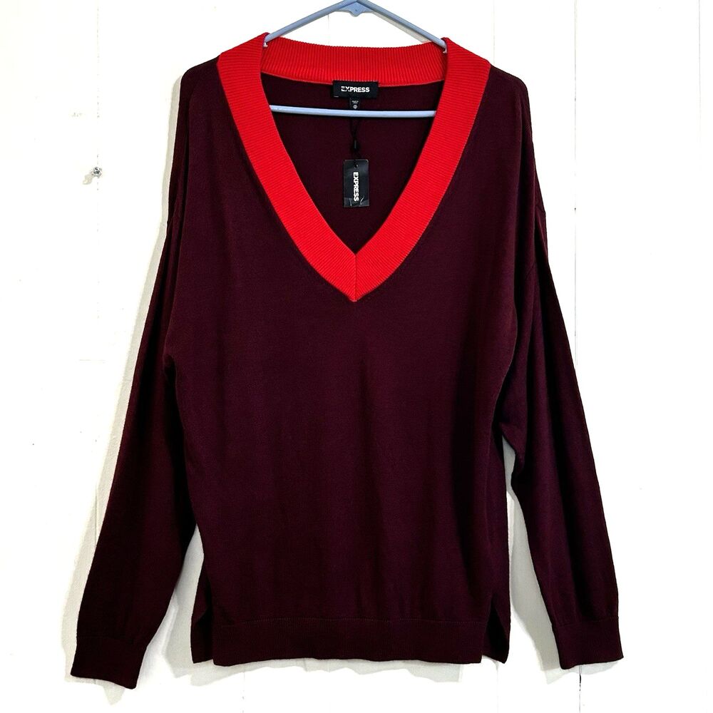 Express Women's Pullover Knitted Sweater Size XS Long Sleeve V Neck Burgundy NWT